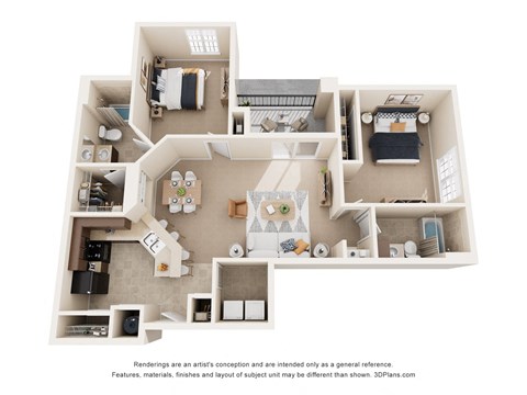 Floor plan for 2 beds, 2 baths, 1143 sqft